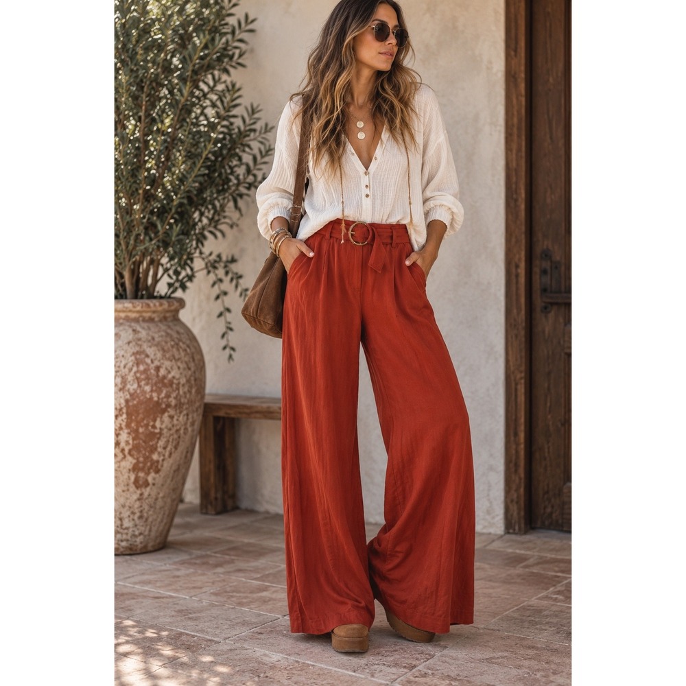 Express Editor Relaxed Trouser Orange Mid Rise Wide Leg Belted Pants Size 2R